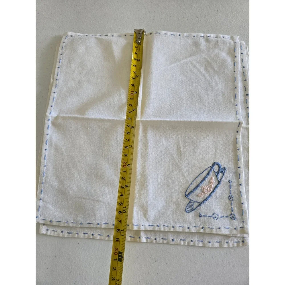 Vintage 4 Hand Embroidered Teacup Napkins Handkerchiefs White Shabby Chic LINEN